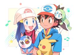  1boy bare_arms baseball_cap beanie black_hair blue_eyes blue_hair blue_jacket blush brown_eyes closed_mouth commentary_request dawn_(pokemon) dododo_dadada eyelashes female hat holding holding_pokemon jacket meloetta meloetta_(aria) musical_note open_mouth pikachu piplup pokemon pokemon_(anime) pokemon_(creature) pokemon_bw_(anime) red_headwear satoshi_(pokemon) scarf shirt short_hair sleeveless sleeveless_shirt smile tongue upper_body white_headwear zipper_pull_tab 