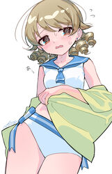  @_@ absurdres arm_behind_back bare_shoulders bikini blue_neckerchief blue_sailor_collar blush breasts brown_eyes brown_hair collarbone cowboy_shot dot_nose drill_hair embarrassed female flying_sweatdrops green_towel hand_up highres holding holding_towel idolmaster idolmaster_cinderella_girls idolmaster_cinderella_girls_starlight_stage light_brown_hair long_hair looking_at_viewer morikubo_nono neckerchief open_mouth ringlets sailor_bikini sailor_collar sailor_swimsuit_(idolmaster) side-tie_bikini_bottom signature simple_background small_breasts solo standing sweat swimsuit towel wavy_mouth white_background white_bikini yukinuno 