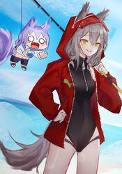  0_(znanimo) 2girls :q animal_ears arknights beach black_one-piece_swimsuit black_shorts chibi commentary cowboy_shot fishing_rod grey_hair hair_between_eyes hand_on_own_hip highres holding holding_fishing_rod jacket large_tail looking_at_viewer medium_hair multiple_girls o_o ocean official_alternate_costume one-piece_swimsuit open_mouth orange_background outdoors over_shoulder projekt_red_(arknights) projekt_red_(light_breeze)_(arknights) provence_(arknights) provence_(casual_vacation)_(arknights) purple_hair red_jacket shorts swimsuit symbol-only_commentary tail tearing_up thigh_strap tongue tongue_out white_jacket wolf_ears wolf_girl wolf_tail yellow_eyes 