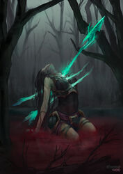  armor artist_name bare_tree black_hair blood breastplate cheesewoo dying energy_spear faulds female fog full_body highres impaled kalista kneeling league_of_legends leather_armor long_hair polearm pool_of_blood reflective_floor solo spear tree weapon 