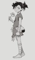  absurdres bandaged_arm bandaged_leg bandages commentary dororo_(character) dororo_(tezuka) female florbetriz flower full_body greyscale hand_up highres holding holding_flower lolicon looking_at_viewer monochrome parted_lips ponytail short_hair solo standing 