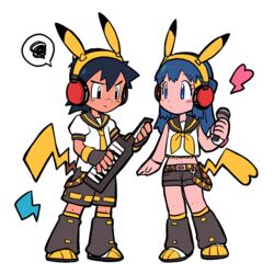  1boy alternate_costume black_hair blue_eyes blue_hair blush_stickers brown_legwear brown_shorts closed_mouth commentary_request dawn_(pokemon) dododo_dadada eyelashes female fingerless_gloves full_body gloves hairband headphones heart holding holding_instrument holding_microphone instrument kagamine_len kagamine_rin keytar leg_warmers long_hair microphone navel pokemon pokemon_(anime) pokemon_dppt_(anime) pokemon_ears pokemon_tail satoshi_(pokemon) shirt shoes short_hair short_sleeves shorts spoken_squiggle squiggle standing tail vocaloid white_shirt yellow_hairband 