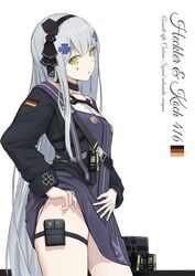  absurdres amamizu_shizuku black_jacket character_name clothes_lift commentary_request cowboy_shot cursive dress dress_lift english_text facial_mark female german_flag girls&#039;_frontline green_eyes grey_hair headgear highres hk416_(girls&#039;_frontline) hk416_(mod3)_(girls&#039;_frontline) jacket lifting_own_clothes long_hair long_sleeves looking_at_viewer military_jacket open_clothes open_jacket pouch simple_background solo standing teardrop thigh_pouch thighs very_long_hair white_background 