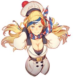  anchor_hair_ornament bangs beret blonde_hair blue_eyes blue_hair breasts cleavage commandant_teste_(kantai_collection) cropped_torso double-breasted female from_above hair_ornament hairclip hat highres jacket kantai_collection long_hair looking_at_viewer medium_breasts multicolored multicolored_clothes multicolored_hair multicolored_scarf plaid plaid_scarf pom_pom_(clothes) red_hair scarf simple_background smile solo streaked_hair swept_bangs uyama_hajime wavy_hair white_background white_hair 