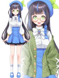  +_+ :d bad_id bad_pixiv_id beret bike_shorts black_hair black_shorts blue_footwear blue_hair blue_headwear blush bow braid brooch brown-framed_eyewear chobi_(penguin_paradise) closed_mouth commentary_request female full_body green_eyes green_jacket hat highres indie_virtual_youtuber jacket jewelry long_hair multicolored_hair multiple_views off_shoulder official_art open_clothes open_jacket ribbon-trimmed_legwear ribbon_trim round_eyewear semi-rimless_eyewear shirt shoes short_shorts shorts single_braid smile socks streaked_hair under-rim_eyewear very_long_hair virtual_youtuber white_bow white_legwear white_shirt yello_chiri 