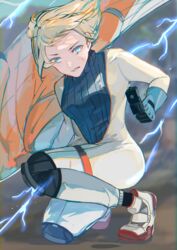  absurdres animification apex_legends blonde_hair blue_bodysuit blue_eyes bodysuit breasts electricity female floating_hair gun handgun highres holding holding_gun holding_weapon jacket knee_pads lichtenberg_figure looking_at_viewer medium_breasts on_one_knee orange_jacket p2020_(pistol) parted_lips peso_(honopesopeso) ribbed_bodysuit scar scar_on_cheek scar_on_face short_hair solo unworn_jacket wattson_(apex_legends) weapon white_bodysuit white_footwear 