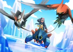  1boy :d baseball_cap bird black_coat black_hair blurry boldore cloud coat commentary_request day dododo_dadada fingerless_gloves gloves hat ice long_sleeves male_focus motion_blur open_mouth outdoors pikachu pokemon pokemon_(anime) pokemon_(creature) pokemon_xy_(anime) red_headwear riding riding_pokemon satoshi_(pokemon) short_hair sky smile staraptor talonflame tongue 