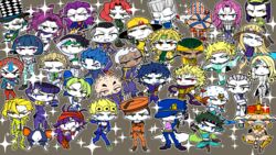  6+boys bandana battle_tendency black_eyes black_hair black_headband black_headwear black_necktie blonde_hair blue_coat blue_eyes blue_hair blue_headwear blue_pants blue_shirt blunt_bangs boots brown_background brown_footwear brown_hair bruno_bucciarati buttons caesar_anthonio_zeppeli canine chains character_request check_character checkered_clothes checkered_headwear chibi clenched_hand clenched_teeth closed_mouth coat colored_skin commentary_request copyright_request crop_top crossed_arms curly_hair diamond_wa_kudakenai diavolo dio_brando dollar_sign double_bun enrico_pucci ermes_costello esidisi female fingerless_gloves floating_hair full_body funny_valentine gedougawa giorno_giovanna gloves green_eyes green_headband green_shirt grey_hair grin guido_mista gun gyro_zeppeli hair_between_eyes hair_bun hat headband heart helmet higashikata_josuke higashikata_josuke_(jojolion) hirose_koichi hol_horse holding holding_gun holding_weapon horseshoe_hat_ornament iggy_(jojo) jean_pierre_polnareff johnny_joestar jojo_no_kimyou_na_bouken jojo_pose jonathan_joestar jonathan_joestar&#039;s_pose_(jojo) joseph_joestar joseph_joestar_(young) kakyoin_noriaki kars_(jojo) kira_yoshikage kishibe_rohan kujo_jolyne kujo_jotaro long_bangs long_hair looking_at_viewer looking_to_the_side medium_bangs medium_hair midriff mohammed_avdol multiple_boys narancia_ghirga necktie nijimura_okuyasu nose_piercing nose_ring open_clothes open_coat open_mouth orange_hair orange_headwear orange_pants orange_shirt otoishi_akira outline pannacotta_fugo pants parted_bangs phantom_blood piercing pink_hair pink_headband pink_shirt purple_eyes purple_footwear purple_gloves purple_hair purple_pants purple_scarf purple_shirt red_eyes red_hair revolver sailor_hat sandals scarf shirt shoes short_bangs short_hair smile sparkle stardust_crusaders steel_ball_run stone_ocean teeth vento_aureo very_short_hair wamuu weapon white_bandana white_headwear white_outline white_skin will_anthonio_zeppeli wing_hair_ornament yangu_shigekiyo yellow_headwear yellow_shirt 