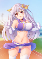  :d ass_visible_through_thighs azur_lane bad_id bad_pixiv_id bare_shoulders belt black_choker blue_sky blurry blurry_background breasts choker collared_shirt commentary_request covered_nipples cowboy_shot crop_top cygnet_(azur_lane) cygnet_(royal_fanfare)_(azur_lane) day double_bun elbow_gloves female gloves grass groin hair_bun hair_ribbon impossible_clothes impossible_shirt large_breasts long_hair looking_at_viewer midriff miniskirt navel official_alternate_costume open_hands open_mouth outdoors panties pantyshot purple_skirt red_eyes ribbon running shirai_yu shirt sidelocks single_side_bun skirt sky sleeveless smile solo stadium standing thighhighs track_and_field underwear white_belt white_gloves white_hair white_panties wind wind_lift yellow_ribbon 