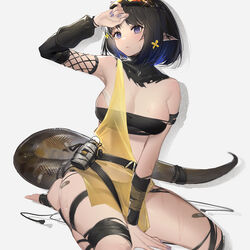  absurdres arknights bandaid bandaid_on_leg black_hair blue_eyes breasts cleavage eunectes_(arknights) female goggles goggles_on_head highres large_breasts purple_nails sitting snake_tail sweat tail wariza wiping_forehead xtears_kitsune 