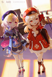  2girls ahoge arm_up backpack bag bag_charm bandaged_leg bandages bead_necklace beads blurry boots bow brown_footwear brown_gloves brown_scarf cabbie_hat cape cellphone charm_(object) clover_print coat coin_hair_ornament commentary_request depth_of_field dodoco_(genshin_impact) earrings finger_to_cheek full_body genshin_impact gloves hair_between_eyes hair_ornament hair_ribbon hairbow hat hat_feather hat_ornament head_tilt highres holding holding_hands holding_phone jewelry jiangshi klee_(genshin_impact) knee_boots kneehighs light_brown_hair long_hair long_sleeves looking_away low_twintails multiple_girls necklace ofuda orange_eyes parted_lips pdy phone pocket pointy_ears purple_eyes purple_hair qingdai_guanmao qiqi_(genshin_impact) randoseru red_coat red_headwear ribbon scarf selfie shade sidelocks smartphone socks standing thighhighs twilight twintails white_legwear wide_sleeves window 