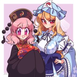  2girls artist_name belt black_dress black_headwear blue_belt blue_bow blue_bowtie blue_headwear blue_kimono blush border bow bowtie breasts chinese_clothes closed_mouth commentary cosplay costume_switch crescent crescent_print dress english_commentary floral_print flower frills hair_between_eyes hand_on_own_hip hands_up hat highres japanese_clothes junko_(touhou) junko_(touhou)_(cosplay) kimono large_breasts littlecloudie long_hair long_sleeves looking_at_viewer mandarin_collar mob_cap multiple_girls open_mouth orange_hair outside_border own_hands_together phoenix_crown pink_eyes pink_hair pom_pom_(clothes) purple_background red_eyes red_tabard saigyouji_yuyuko saigyouji_yuyuko_(cosplay) short_hair sidelocks simple_background tabard tongue touhou triangular_headpiece veil white_border white_flower wide_sleeves wing_collar yellow_bow yellow_bowtie 