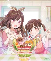  2girls apron bow brown_eyes brown_hair commentary_request dessert double_bun food fruit glass hair_bun hair_ribbon hairbow highres ice_cream idolmaster idolmaster_shiny_colors kitchen licking_lips long_hair multiple_girls neck_ribbon parfait pink_eyes ponytail ribbon short_twintails sonoda_chiyoko soramame_tomu sparkle strawberry swept_bangs tongue tongue_out tsukioka_kogane twintails whipped_cream yellow_ribbon 