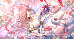  absurdres allenerie bare_shoulders box bracelet breasts cake character_request cleavage commentary dated detached_collar detached_sleeves english_commentary female flower food gift gift_box hair_ornament happy_birthday heart-shaped_box highres indie_virtual_youtuber jewelry long_hair medium_breasts open_mouth pink_eyes pink_hair see-through see-through_sleeves single_thighhigh solo thighhighs very_long_hair virtual_youtuber 