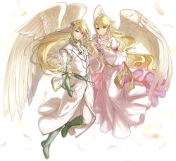  1boy angel_wings bird_wings blonde_hair brother_and_sister circlet dress feathers female fire_emblem fire_emblem:_path_of_radiance green_eyes green_footwear haru_(nakajou-28) highres leanne_(fire_emblem) long_hair looking_at_viewer pointy_ears reyson_(fire_emblem) robe siblings white_background white_dress white_robe white_wings wings 