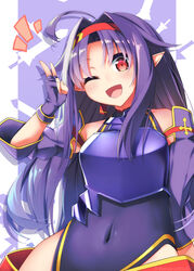  ;d ahoge armor bananatsukis bare_hips bare_shoulders blush breastplate covered_navel detached_sleeves female fingerless_gloves gloves hairband highres leotard long_hair looking_at_viewer one_eye_closed open_mouth pointy_ears purple_armor purple_gloves purple_hair purple_leotard red_eyes red_hairband smile solo sword_art_online twitter_username v yuuki_(sao) 