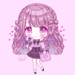  bag black_bow black_footwear black_skirt blush bobby_socks bow braid chibi closed_mouth commentary_request female full_body heart heart_in_eye himetsuki_luna holding jirai_kei long_hair long_sleeves original pink_shirt purple_background purple_eyes shirt shoes signature simple_background skirt sleeves_past_wrists smile socks solo standing symbol_in_eye twitter_username very_long_hair white_socks 