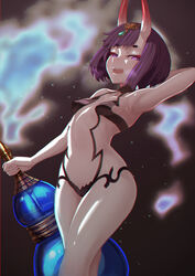  absurdres arm_behind_head arm_up armpits bare_shoulders bob_cut breasts bright_pupils chromatic_aberration collarbone dh_ead eyeliner fate/grand_order fate_(series) female gourd headpiece highres horns looking_at_viewer makeup navel oni open_mouth petite purple_eyes purple_hair revealing_clothes short_hair shuten_douji_(fate) skin-covered_horns small_breasts smile solo thighs 