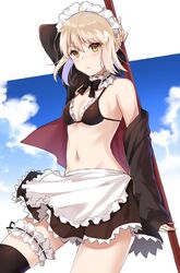  apron arm_up artoria_pendragon_(alter_swimsuit_rider)_(fate) artoria_pendragon_(fate) bikini black_thighhighs blonde_hair blue_sky cloud fate/grand_order fate_(series) female highres hizuki_higure holding holding_mop looking_at_viewer maid maid_apron maid_bikini maid_headdress mop short_hair sky solo stomach swimsuit thighhighs unconventional_maid yellow_eyes 