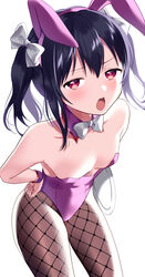  animal_ears artistic_error bare_shoulders black_hair black_pantyhose bow bowtie breasts commentary cowboy_shot detached_collar fake_animal_ears female fishnet_pantyhose fishnets hairbow hand_on_own_hip highres kazepana leotard long_hair looking_at_viewer love_live! love_live!_school_idol_project medium_hair open_mouth pantyhose pink_leotard plate playboy_bunny rabbit_ears rabbit_tail red_eyes simple_background small_breasts solo strapless strapless_leotard tail twintails white_background white_bow wrist_cuffs wrong_hand yazawa_nico 