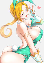  animal_ears ass bare_shoulders blonde_hair blush breasts calamity_jane_(fate) calamity_jane_(third_ascension)_(fate) cleavage detached_collar elbow_gloves facial_tattoo fate/grand_order fate_(series) female fingerless_gloves forehead fue_(rhomphair) gloves gradient green_eyes green_leotard highleg highleg_leotard highres jewelry large_breasts leotard long_hair looking_at_viewer one_eye_closed open_mouth parted_bangs pendant playboy_bunny rabbit_ears rabbit_tail side_ponytail smile solo star_tattoo tail tattoo thong_leotard very_long_hair white_gloves 