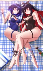  2girls absurdres aircell bare_shoulders barefoot black_hair black_one-piece_swimsuit black_ribbon blanket blue_eyes blue_hair blue_one-piece_swimsuit blush bottle breasts cleavage commentary_request day glass_bottle grabbing grabbing_another&#039;s_breast hair_between_eyes hair_ribbon hand_up highres homu_(honkai_impact) honkai_(series) honkai_impact_3rd long_hair looking_at_viewer lying medium_breasts multicolored_hair multiple_girls on_side one-piece_swimsuit outdoors parted_lips plaid red_eyes red_hair ribbon seele_(alter_ego) seele_vollerei seele_vollerei_(stygian_nymph) smile swimsuit thigh_strap two-tone_hair unmoving_pattern very_long_hair white_ribbon yuri 