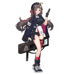  ahoge asymmetrical_legwear belt beret black_gloves black_shorts blue_hat blunt_bangs blush braid breasts brown_hair colored_shoe_soles cuffs female fingerless_gloves flower full_body girls&#039;_frontline gloves gun hair_flower hair_ornament hair_ribbon handcuffs handgun hat holding holding_gun holding_weapon jacket kneehighs large_breasts long_hair long_sleeves off_shoulder official_art pink_eyes pink_legwear rex_zero_1_(girls&#039;_frontline) ribbon shorts side_braid single_kneehigh single_sock single_thighhigh sleeves_past_wrists socks solo thigh_strap thighhighs transparent_background uneven_legwear weapon wulazula 