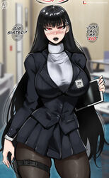  1girls almualim armed black_hair black_jacket black_pantyhose black_skirt blue_archive breasts clothed clothed_female dark_hair dialogue english_text female halo high_school_student huge_breasts id_badge leg_holster light-skinned_female light_skin long_hair millennium_science_school_logo_(blue_archive) millennium_science_school_student pale_skin pantyhose pistol pleated_skirt red_eyes rio_(blue_archive) rio_tsukatsuki_(blue_archive) seminar_(blue_archive) seminar_president shiny_hair skirt speech speech_bubble student_council_president suit_jacket tablet teen teen_girl teenage_girl teenager text text_bubble thick_thighs thigh_holster tights tsukatsuki_rio turtleneck turtleneck_sweater very_long_hair white_turtleneck 