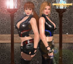  2girls 3d alternate_costume alternate_outfit auburn_hair belt biker_girl biker_gloves blonde_hair blue_eyes brown brown_eyes collar crystalromuko dead_or_alive dead_or_alive_5 earrings edit fetish_wear idol implied_yuri kasumi_(doa) leather leather_belt leather_boots looking_at_viewer studded_collar studded_leather tagme tina_armstrong voluptuous 