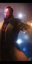  1boy artist_name batman_(series) bullet coat commentary dc_comics english_commentary gloves glowing glowing_eyes gun highres jason_todd male_focus mask rain red_hood_(dc) solo thefearmaster weapon yellow_eyes 