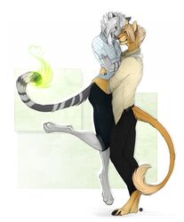  anthro clothed clothing duo felid female fire fur hair hi_res hug male male/female mammal simple_background smile standing unistaart 