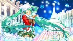  absurdres closed_eyes commentary_request female green_hair hat hatsune_miku highres junji long_hair night skirt snow solo thighhighs twintails very_long_hair vocaloid 