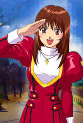  brown_eyes brown_hair commentary_request cross dress erica_fontaine female fence highres jewelry necklace open_mouth pendant red_dress sakura_taisen sakura_taisen_iii salute shinobibe_himika sky smile solo tree upper_body 