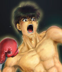  1boy abs black_background black_hair boxing_gloves brown_eyes collarbone commentary_request flying_sweatdrops hajime_no_ippo makunouchi_ippo male_focus muscular open_mouth partial_commentary shinobibe_himika solo sweat topless_male 