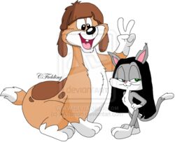  alpha_channel animaniacs anthro black_hair canid canine canis distracting_watermark domestic_cat domestic_dog duo felid feline felis female gesture hair hand_gesture hand_on_hip larger_male male mammal micro rita_(animaniacs) runt simple_background size_difference smaller_female tiny-toons-fan transparent_background v_sign warner_brothers watermark wig 