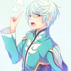  1boy angry bishounen blue_background chiyu_(silverxxxx) commentary eyebrows hand_on_own_hip index_finger_raised male_focus mikleo_(tales) patterned_background purple_eyes solo striped striped_background tales_of_(series) tales_of_zestiria upper_body white_hair 