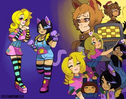  1boy 2girls :3 animal_ears black_hair blonde_hair blue_eyes bratty_(undertale) burgerpants capelet cat_ears cat_tail catty_(undertale) eyeshadow freckles frisk_(undertale) heart heart-shaped_pupils hopebiscuit hug humanization lipstick makeup mettaton mettaton_(box) money multicolored_hair multiple_girls oerba_yun_fang one_eye_closed overalls platform_footwear red_eyes streaked_hair striped_clothes striped_thighhighs sweat symbol-shaped_pupils tail thighhighs undertale zettai_ryouiki 