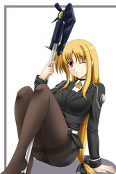  axe bardiche_(assault_form)_(nanoha) bardiche_(nanoha) blonde_hair commentary_request crotch_seam fate_testarossa female fuuma_nagi highres long_hair lyrical_nanoha mahou_shoujo_lyrical_nanoha_strikers military military_uniform one_eye_closed panties panties_under_pantyhose pantyhose pencil_skirt red_eyes skirt solo thighband_pantyhose tsab_executive_military_uniform underwear uniform weapon 