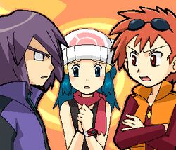  1boy 2girls blue_eyes blue_hair dawn_(pokemon) lowres multiple_girls nintendo nozomi_(pokemon) pokemon pokemon_(anime) purple_hair red_eyes red_hair shinji_(pokemon) sunglasses sunglasses_on_head 