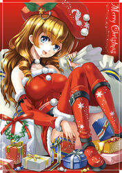  bare_shoulders beret blue_eyes blush boots breasts brown_hair christmas commentary_request female framed gift hat impossible_clothes large_breasts open_mouth original photoshop_(medium) santa_costume sitting solo star_(symbol) thighhighs yuu_(yuyukaikan) 