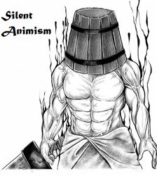  1boy abs bucket commentary_request cosplay greyscale helmet kisume kisume_(cosplay) kubozuka_pikurou lowres male_focus md5_mismatch monochrome muscular muscular_male object_on_head pyramid_head silent_hill_(series) solo sword topless_male touhou weapon 