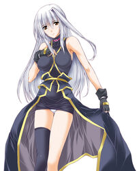  asymmetrical_legwear bare_shoulders black_legwear breasts collar commentary_request covered_nipples female fingerless_gloves gloves grey_hair highres large_breasts long_hair lyrical_nanoha mahou_shoujo_lyrical_nanoha mahou_shoujo_lyrical_nanoha_a&#039;s panties photoshop_(medium) red_eyes reinforce simple_background single_thighhigh sleeveless smile solo thighhighs underwear uneven_legwear white_background yatsushima_tetsuya 