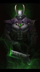  1boy androxus armor artist_name aura commentary_request deviantart_sample gem gloves glowing glowing_eyes green_eyes gun helmet horns image_sample male_focus mask paladins solo thefearmaster weapon 