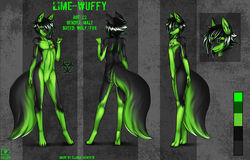  2015 anthro biohazard_symbol biohazard_tattoo biped black_body black_eyes black_fur black_hair black_sclera canid canine canis casual_nudity chest_tattoo eliana-asato featureless_crotch femboy fox front_view fur glowing green_body green_fur green_hair hair hazard_symbol hybrid lime-wuffy lime_fur male mammal model_sheet nude scar short_hair side_view solo standing symbol tattoo wolf 