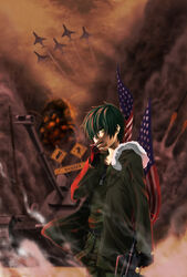  1boy aircraft airplane american_flag assault_rifle bad_id bad_pixiv_id caterpillar_tracks cigarette dog_tags explosion f-101_voodoo fingerless_gloves flippy_(happy_tree_friends) gloves green_hair gun happy_tree_friends m4_carbine male_focus military military_uniform personification rifle sign smoke solo uniform uniikura united_states war weapon yellow_eyes 