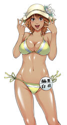  bad_id bad_pixiv_id bikini breasts brown_eyes brown_hair cleavage female hanamura hat highres medium_breasts navel open_mouth original painttool_sai_(medium) shiny_clothes shiny_skin short_hair side-tie_bikini_bottom smile solo swimsuit tan 