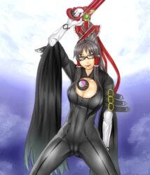  asashin_(kazami-tomo) bad_id bad_pixiv_id bayonetta bayonetta_(series) belt black_hair bodysuit breasts cookie_(touhou) elbow_gloves female fusion glasses gloves gun hair_ribbon hair_tubes hakurei_reimu highres large_breasts long_hair mole mole_under_mouth ribbon sananana_(cookie) scarborough_fair_(bayonetta) solo touhou weapon yellow_eyes yin_yang 