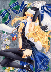  acrylic_paint_(medium) aoi_yuuka_(ao_no_kokoro) armpits arms_up black_gloves black_santa_costume blonde_hair blue_eyes boots bracelet breasts center_opening christmas cleavage colored_pencil_(medium) commentary_request elbow_gloves female garter_straps gloves hat jewelry legs long_hair lying macross macross_frontier marker_(medium) medium_breasts on_side painting_(medium) santa_costume saotome_alto sheryl_nome sideboob solo thigh_boots thighhighs thighs traditional_media very_long_hair 