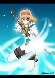  aqua_background ascot blonde_hair boots bow_(weapon) breasts copyright_name female gloves green_eyes hairband kneeling letterboxed medium_breasts natalia_luzu_kimlasca_lanvaldear orange_ascot pantyhose photoshop_(medium) short_hair solo sugar_(sugarless) tales_of_(series) tales_of_the_abyss thigh_boots thighhighs weapon 