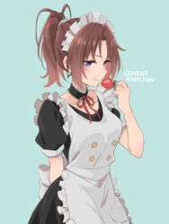  alternate_costume apron aqua_background arm_behind_back blush brown_hair cement_addiction choker collarbone commentary_request cowboy_shot english_text enmaided female food fruit hibike!_euphonium highres holding holding_food holding_fruit light_smile long_hair maid maid_apron maid_headdress musshu_(omu001) nakagawa_natsuki purple_eyes ribbon school_uniform simple_background solo strawberry 